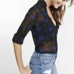 Express Portifino sheer green and blue plaid long sleeve. Size Small